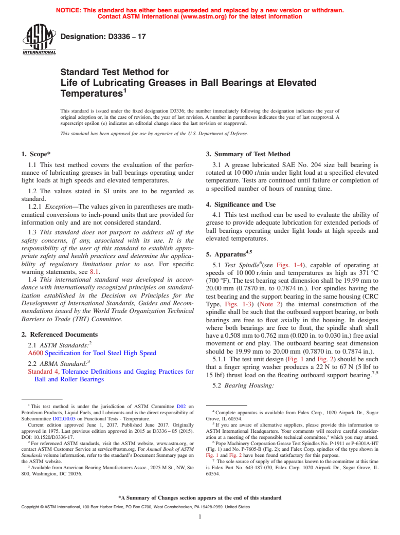 ASTM D3336-17 - Standard Test Method for  Life of Lubricating Greases in Ball Bearings at Elevated Temperatures