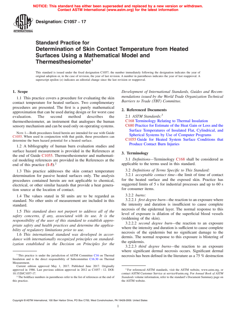 ASTM C1057-17 - Standard Practice for  Determination of Skin Contact Temperature from Heated Surfaces  Using a Mathematical Model and Thermesthesiometer