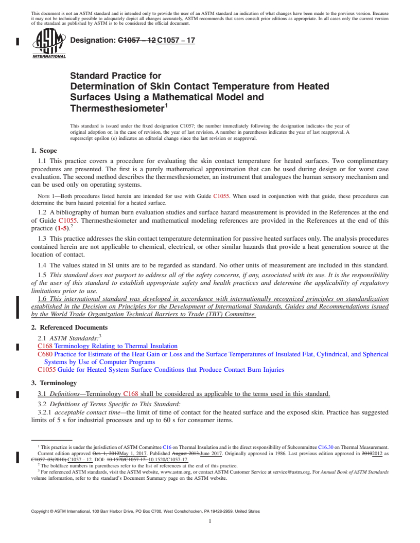 REDLINE ASTM C1057-17 - Standard Practice for  Determination of Skin Contact Temperature from Heated Surfaces  Using a Mathematical Model and Thermesthesiometer