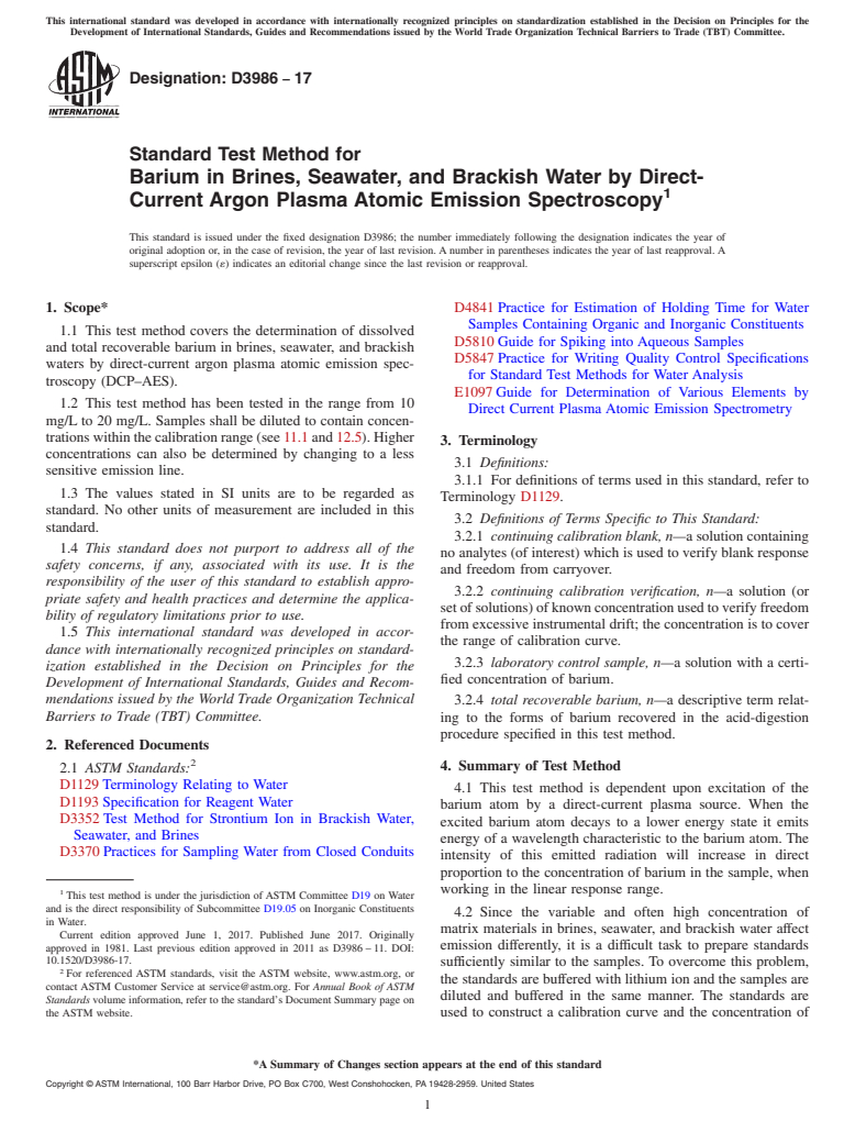 ASTM D3986-17 - Standard Test Method for  Barium in Brines, Seawater, and Brackish Water by Direct-Current   Argon Plasma Atomic Emission Spectroscopy