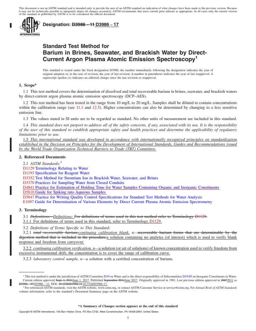 REDLINE ASTM D3986-17 - Standard Test Method for  Barium in Brines, Seawater, and Brackish Water by Direct-Current   Argon Plasma Atomic Emission Spectroscopy