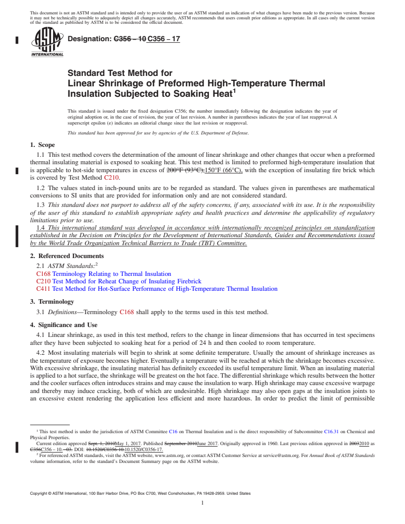 REDLINE ASTM C356-17 - Standard Test Method for Linear Shrinkage of Preformed High-Temperature Thermal Insulation  Subjected to Soaking Heat