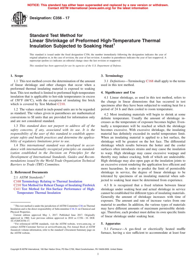 ASTM C356-17 - Standard Test Method for Linear Shrinkage of Preformed High-Temperature Thermal Insulation  Subjected to Soaking Heat