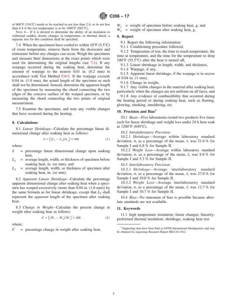 ASTM C356-17 - Standard Test Method for Linear Shrinkage of Preformed High-Temperature Thermal Insulation  Subjected to Soaking Heat