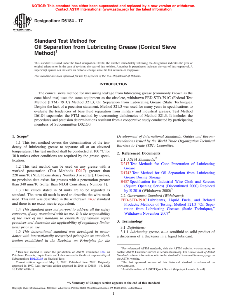 ASTM D6184-17 - Standard Test Method for  Oil Separation from Lubricating Grease (Conical Sieve Method)