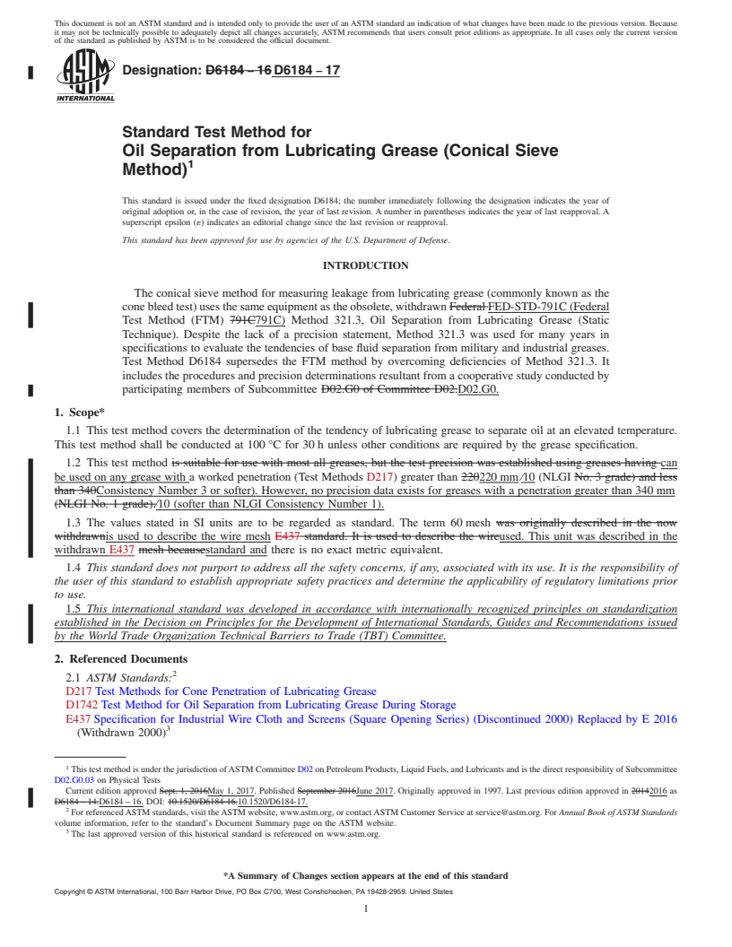 REDLINE ASTM D6184-17 - Standard Test Method for  Oil Separation from Lubricating Grease (Conical Sieve Method)