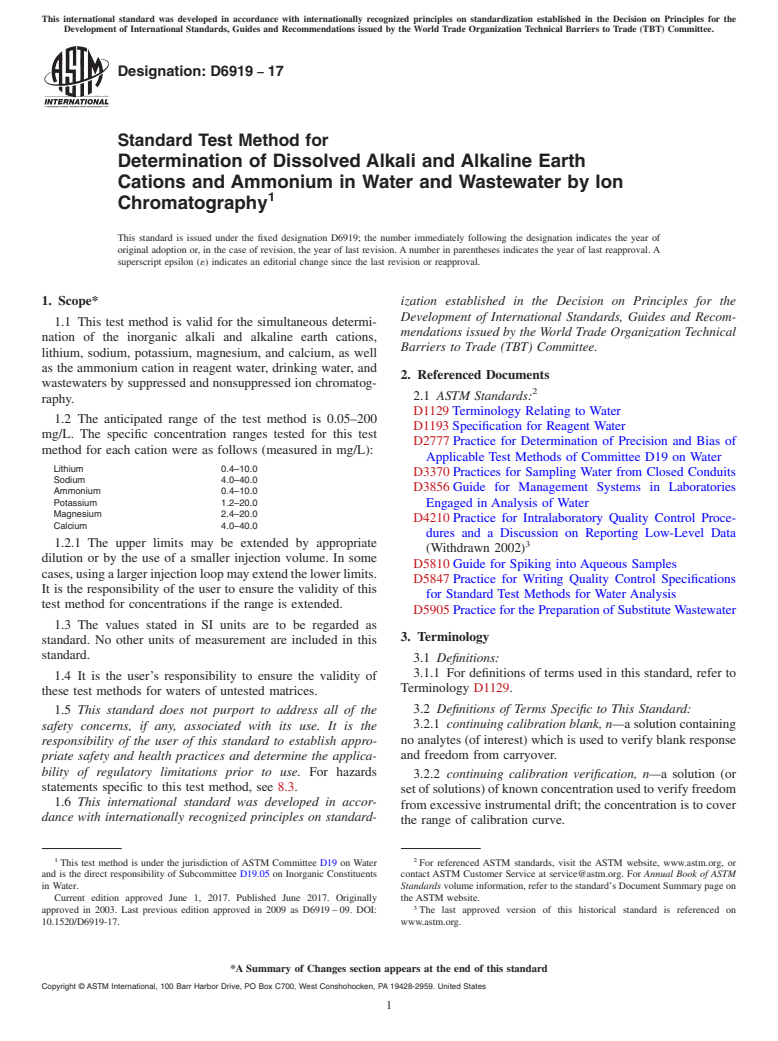 ASTM D6919-17 - Standard Test Method for  Determination of Dissolved Alkali and Alkaline Earth Cations  and Ammonium in Water and Wastewater by Ion Chromatography