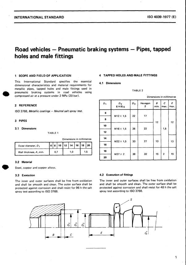 ISO 4039:1977 - Road vehicles -- Pneumatic braking systems -- Pipes, tapped holes and male fittings