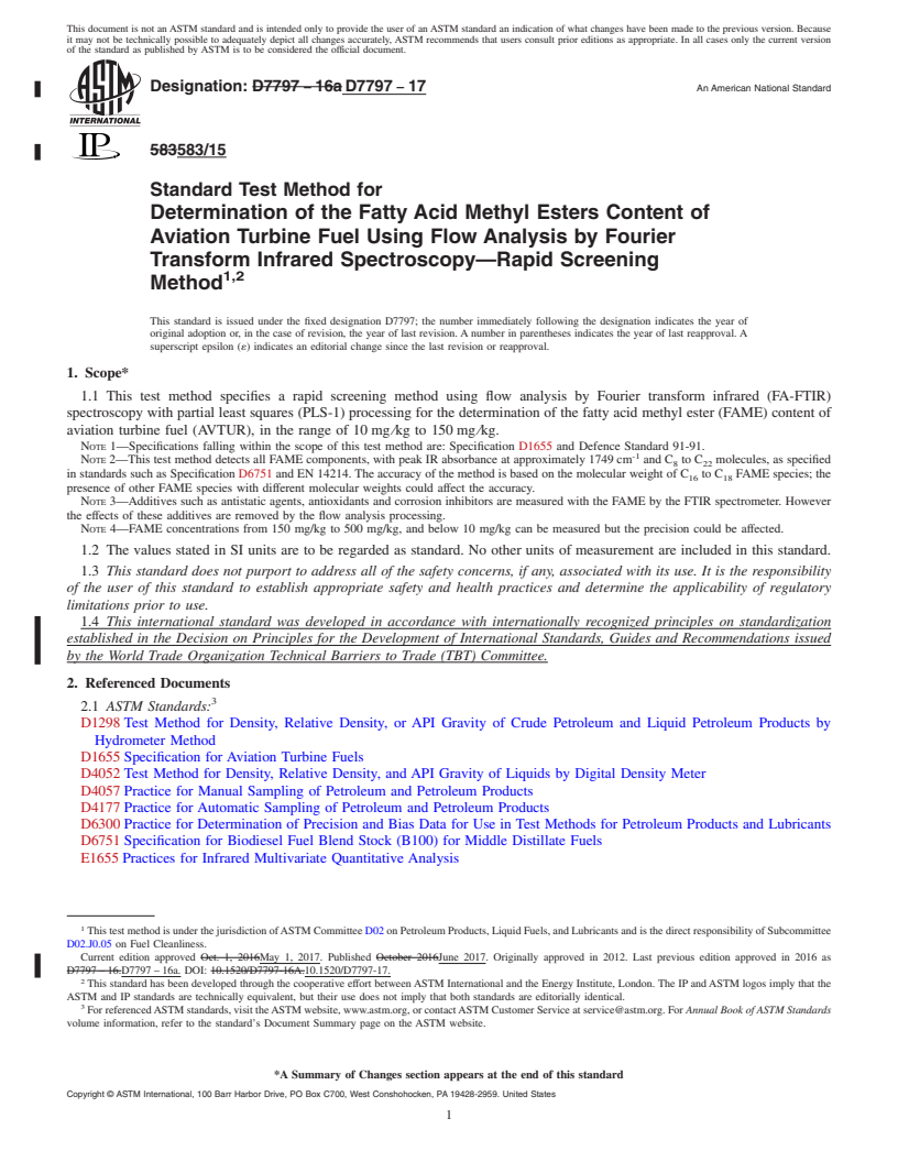 REDLINE ASTM D7797-17 - Standard Test Method for Determination of the Fatty Acid Methyl Esters Content of Aviation  Turbine Fuel Using Flow Analysis by Fourier Transform Infrared Spectroscopy&#x2014;Rapid  Screening Method