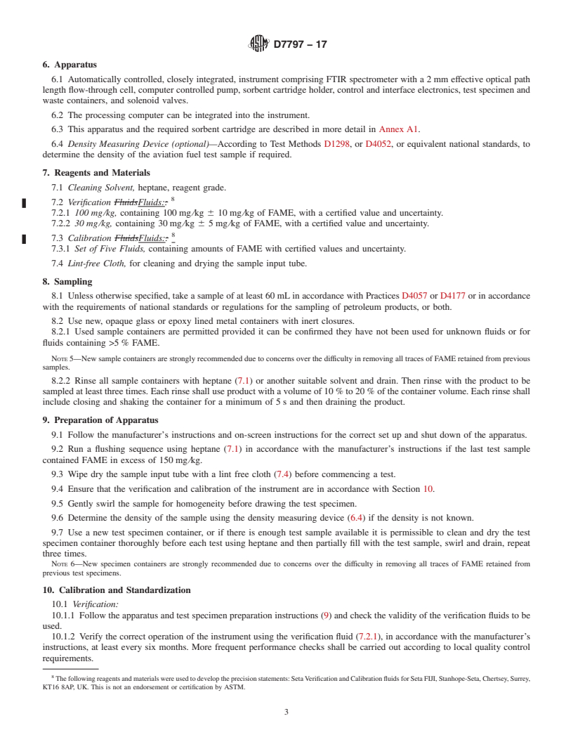 REDLINE ASTM D7797-17 - Standard Test Method for Determination of the Fatty Acid Methyl Esters Content of Aviation  Turbine Fuel Using Flow Analysis by Fourier Transform Infrared Spectroscopy&#x2014;Rapid  Screening Method