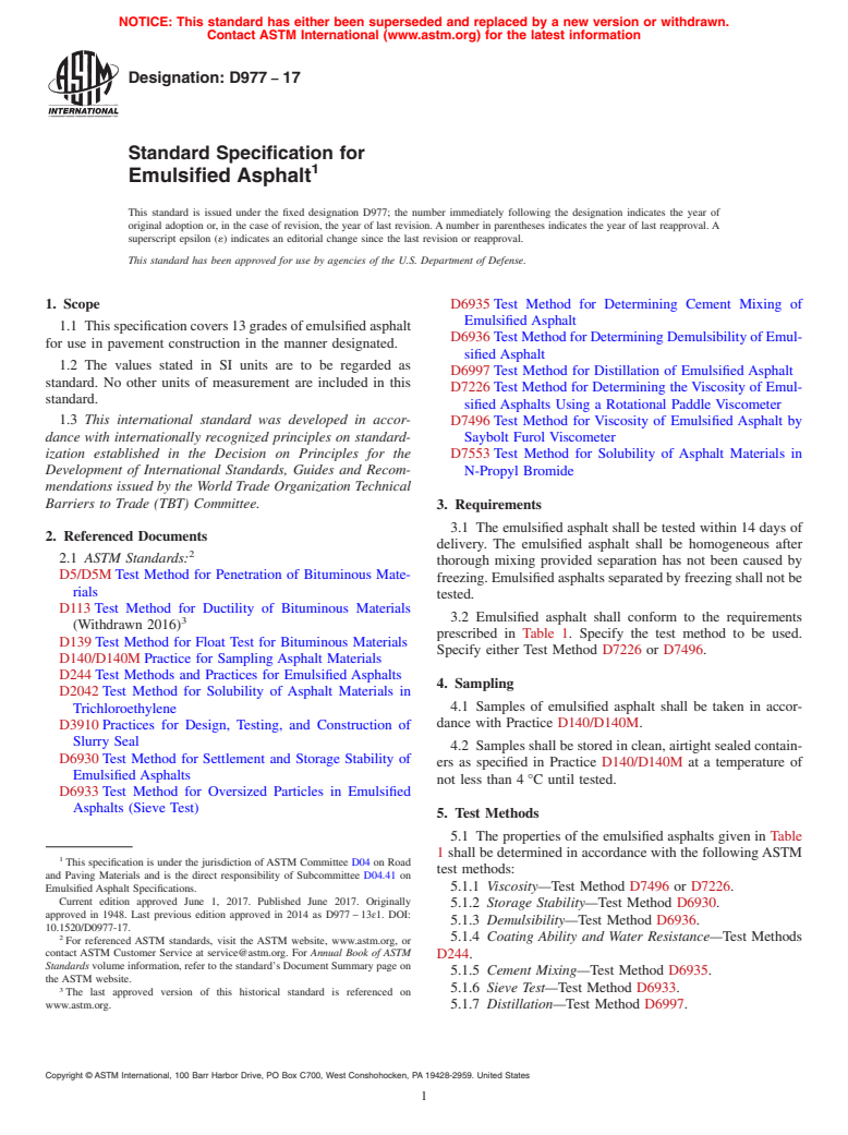 ASTM D977-17 - Standard Specification for  Emulsified Asphalt