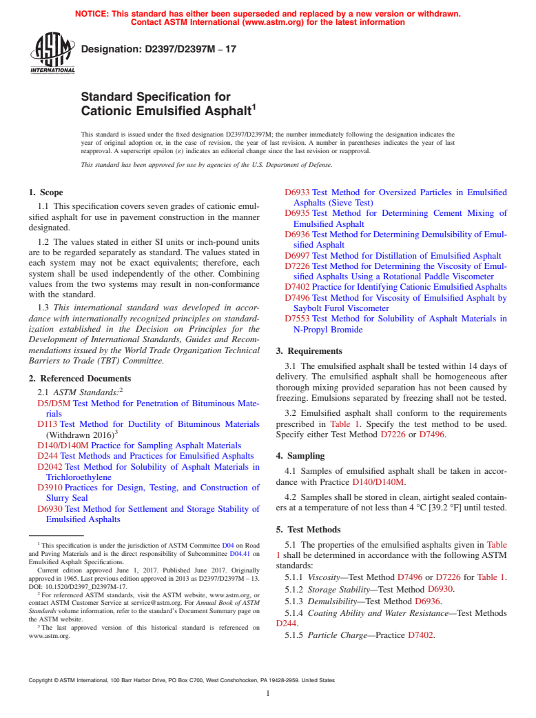 ASTM D2397/D2397M-17 - Standard Specification for  Cationic Emulsified Asphalt