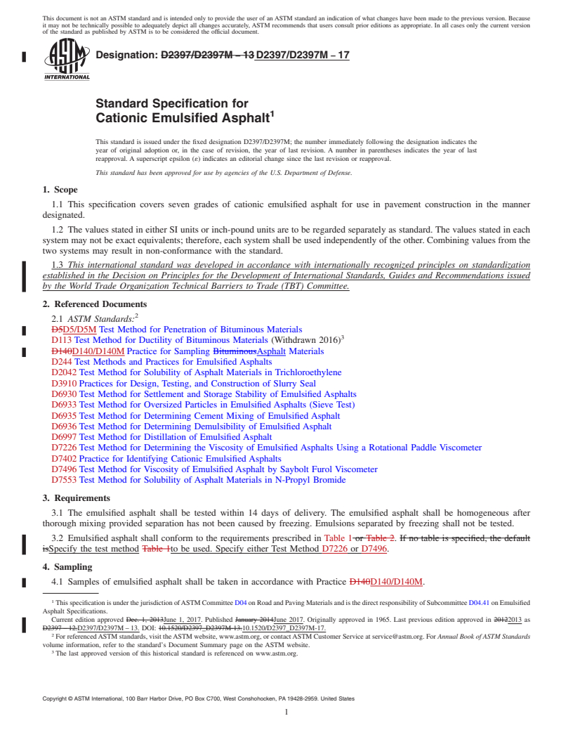 REDLINE ASTM D2397/D2397M-17 - Standard Specification for  Cationic Emulsified Asphalt