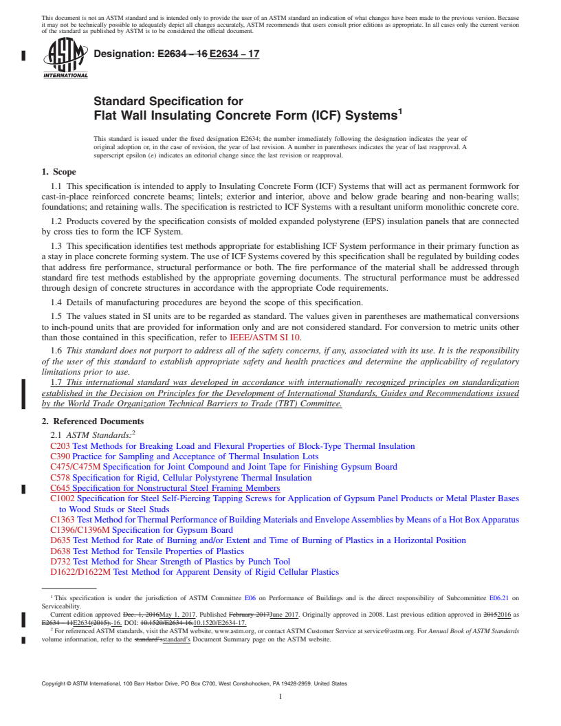 REDLINE ASTM E2634-17 - Standard Specification for Flat Wall Insulating Concrete Form (ICF) Systems