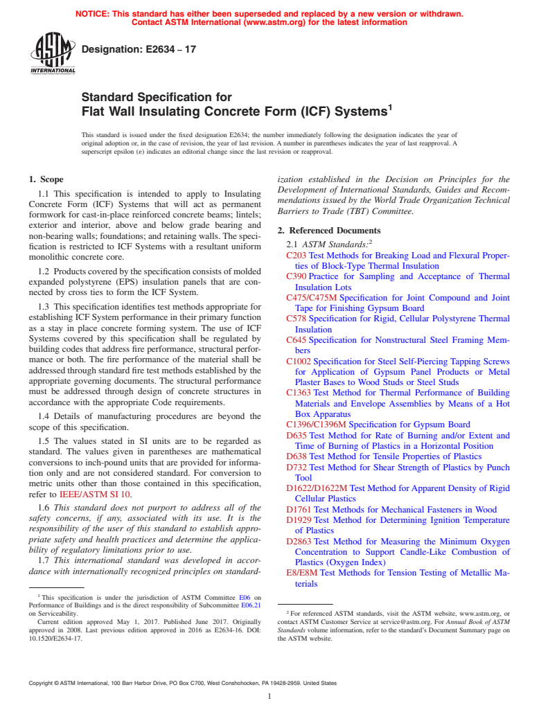 ASTM E2634-17 - Standard Specification for Flat Wall Insulating Concrete Form (ICF) Systems