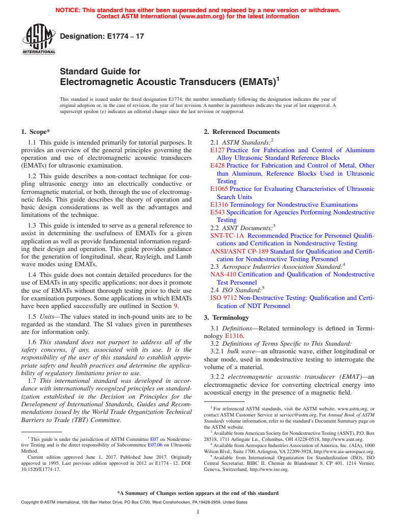 ASTM E1774-17 - Standard Guide for  Electromagnetic Acoustic Transducers (EMATs)