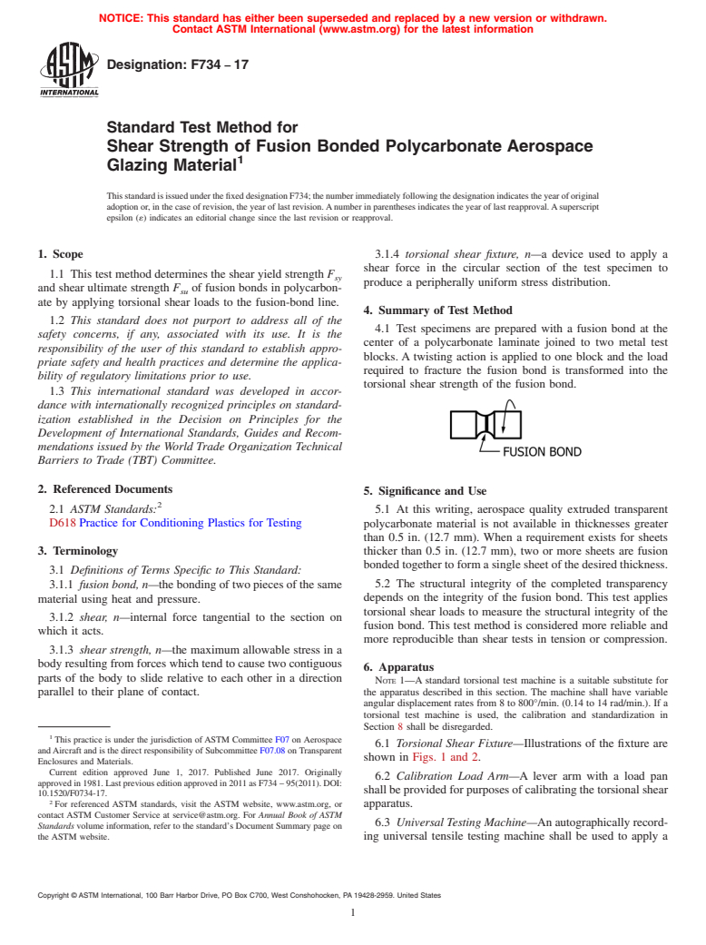 ASTM F734-17 - Standard Test Method for  Shear Strength of Fusion Bonded Polycarbonate Aerospace Glazing  Material