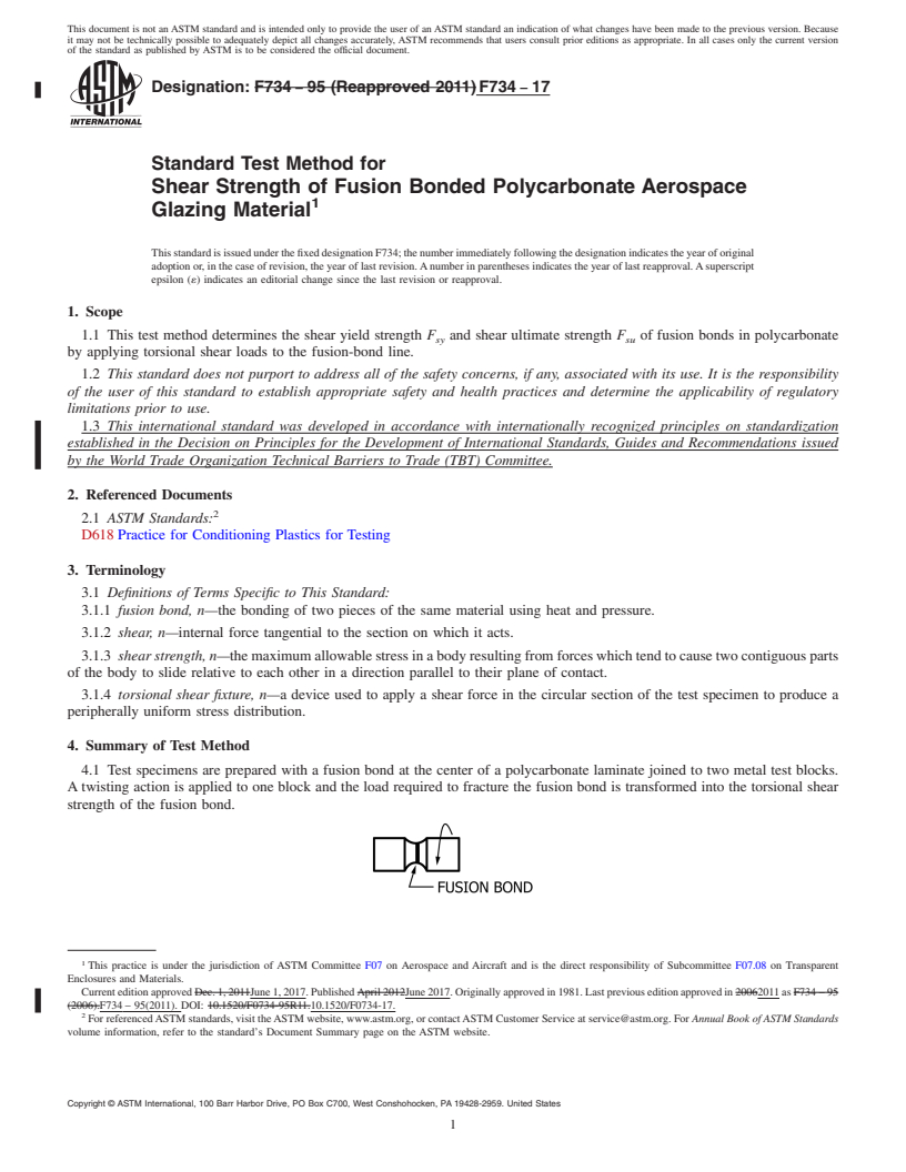 REDLINE ASTM F734-17 - Standard Test Method for  Shear Strength of Fusion Bonded Polycarbonate Aerospace Glazing  Material