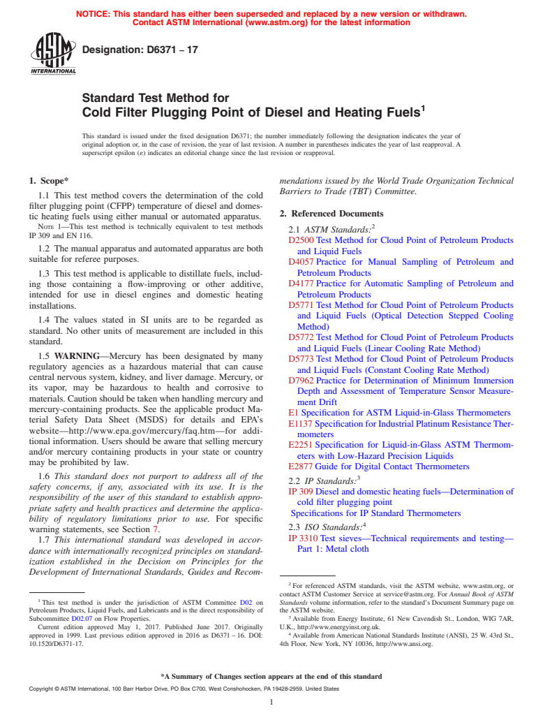 ASTM D6371-17 - Standard Test Method for  Cold Filter Plugging Point of Diesel and Heating Fuels