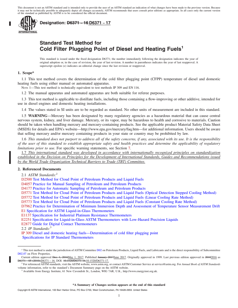 REDLINE ASTM D6371-17 - Standard Test Method for  Cold Filter Plugging Point of Diesel and Heating Fuels