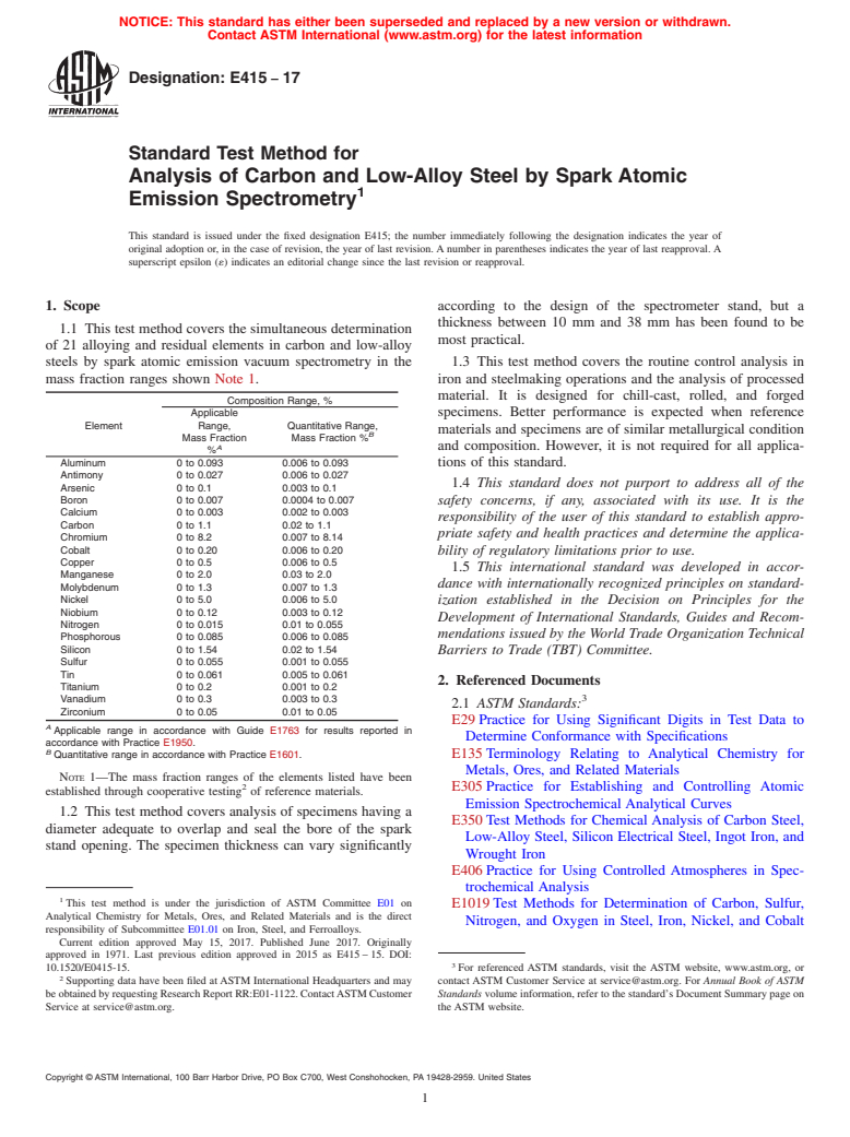 ASTM E415-17 - Standard Test Method for  Analysis of Carbon and Low-Alloy Steel by Spark Atomic Emission  Spectrometry