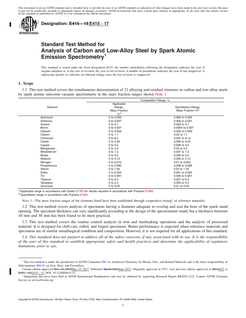 REDLINE ASTM E415-17 - Standard Test Method for  Analysis of Carbon and Low-Alloy Steel by Spark Atomic Emission  Spectrometry