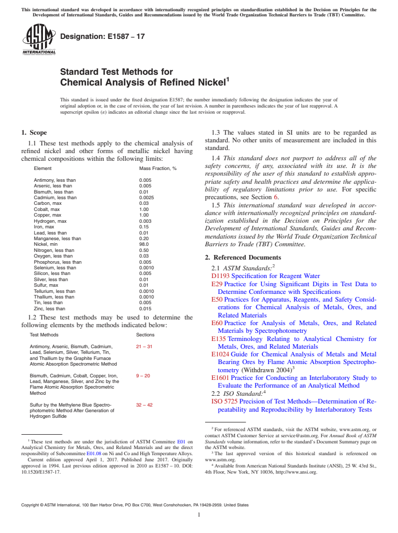 ASTM E1587-17 - Standard Test Methods for  Chemical Analysis of Refined Nickel