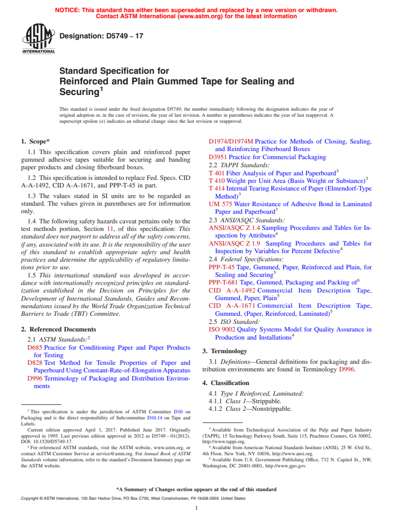 ASTM D5749-17 - Standard Specification for Reinforced and Plain Gummed Tape for Sealing and Securing