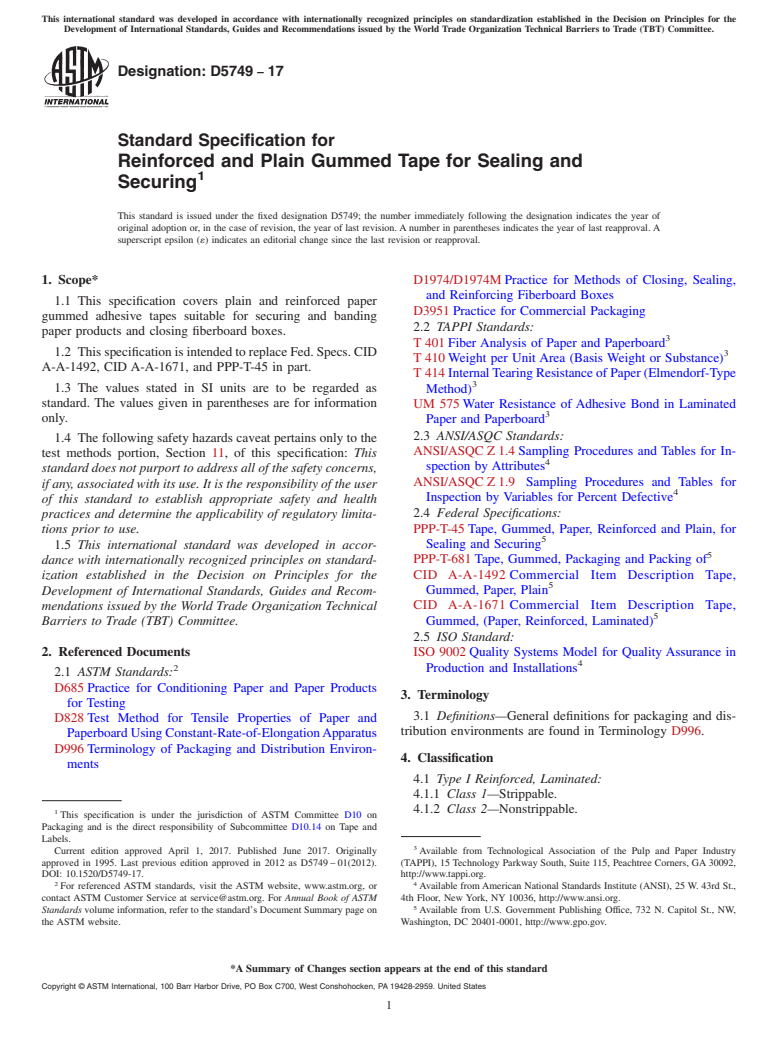 ASTM D5749-17 - Standard Specification for Reinforced and Plain Gummed Tape for Sealing and Securing