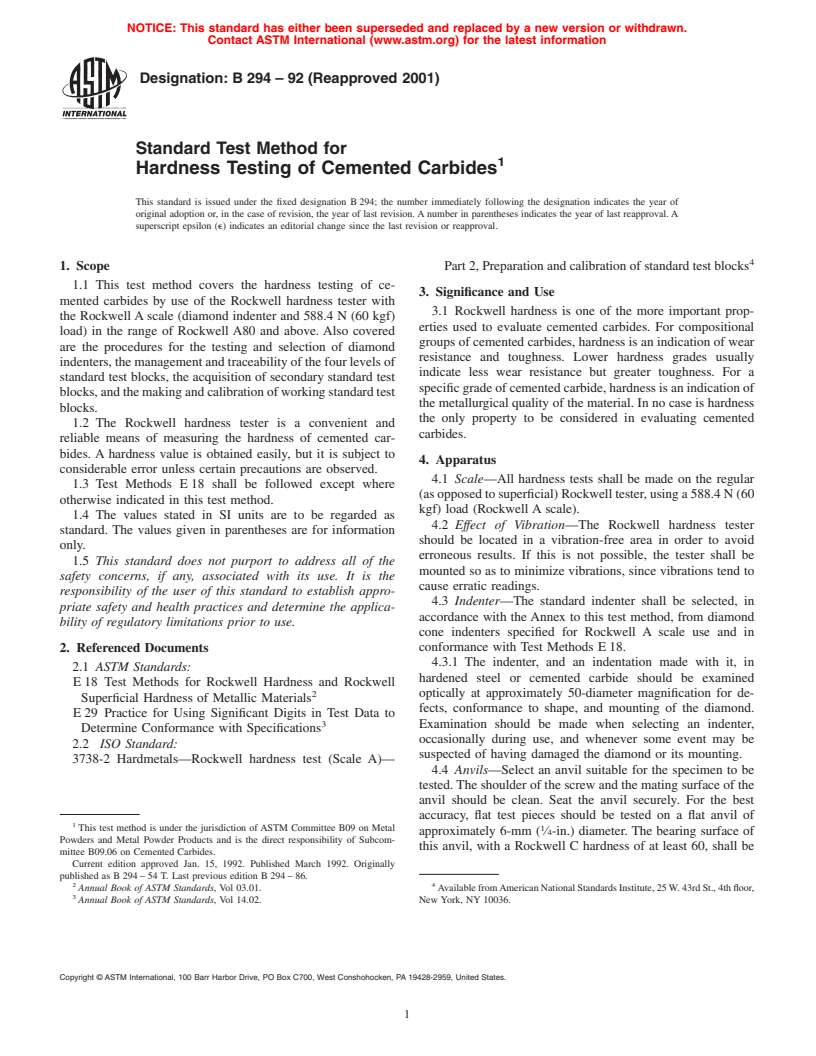 ASTM B294-92(2001) - Standard Test Method For Hardness Testing Of ...