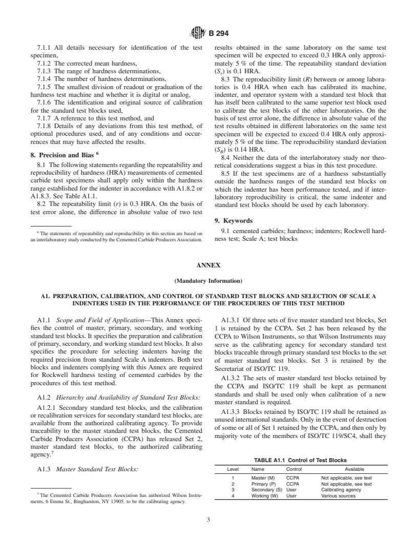 ASTM B294-92(2001) - Standard Test Method for Hardness Testing of Cemented Carbides