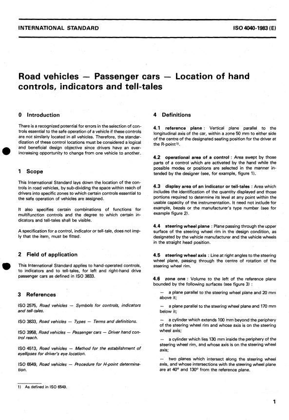 ISO 4040:1983 - Road vehicles -- Passenger cars -- Location of hand controls, indicators and tell-tales