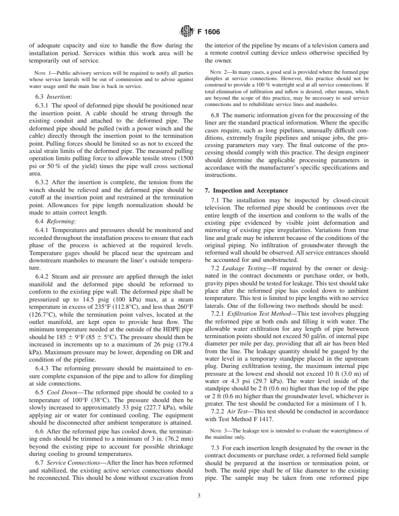 ASTM F1606-95 - Standard Practice for Rehabilitation of Existing Sewers and Conduits with Deformed Polyethylene (PE) Liner (Withdrawn 2004)