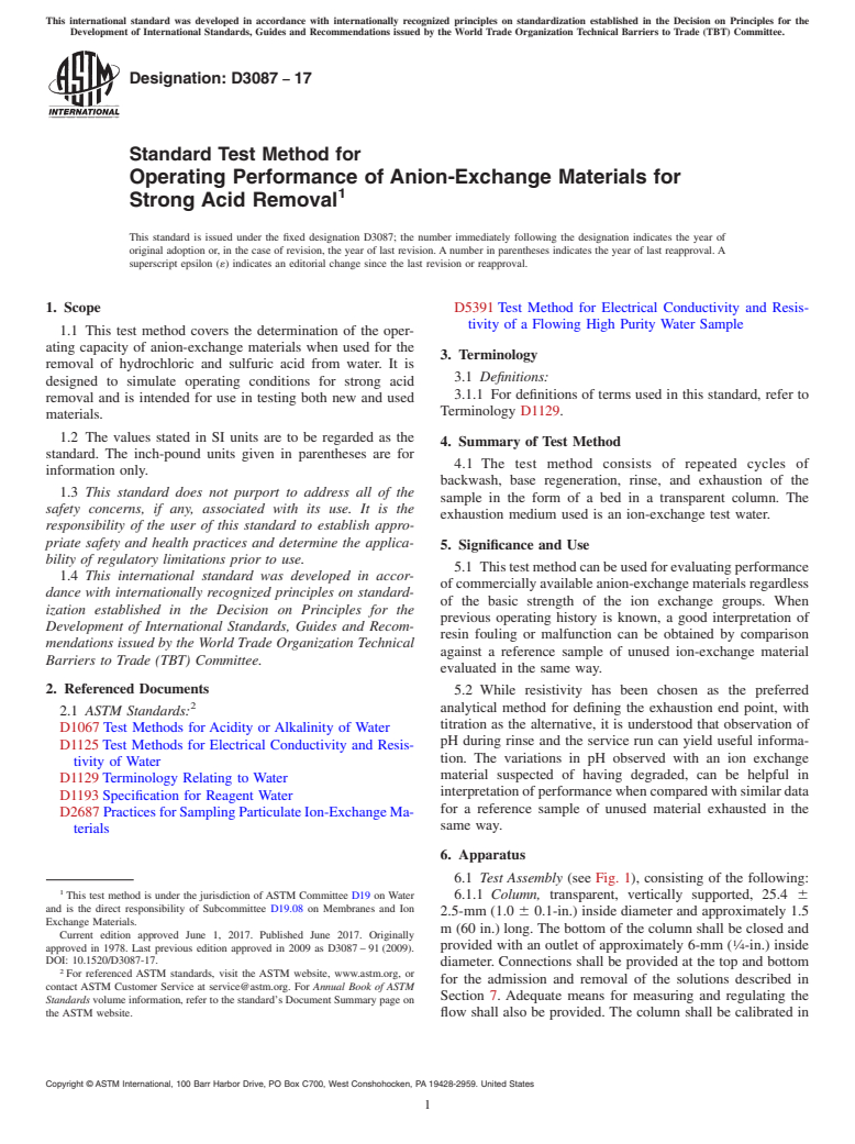 ASTM D3087-17 - Standard Test Method for  Operating Performance of Anion-Exchange Materials for Strong   Acid Removal