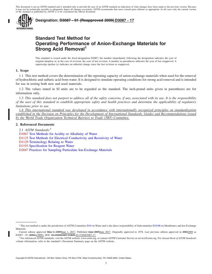 REDLINE ASTM D3087-17 - Standard Test Method for  Operating Performance of Anion-Exchange Materials for Strong   Acid Removal
