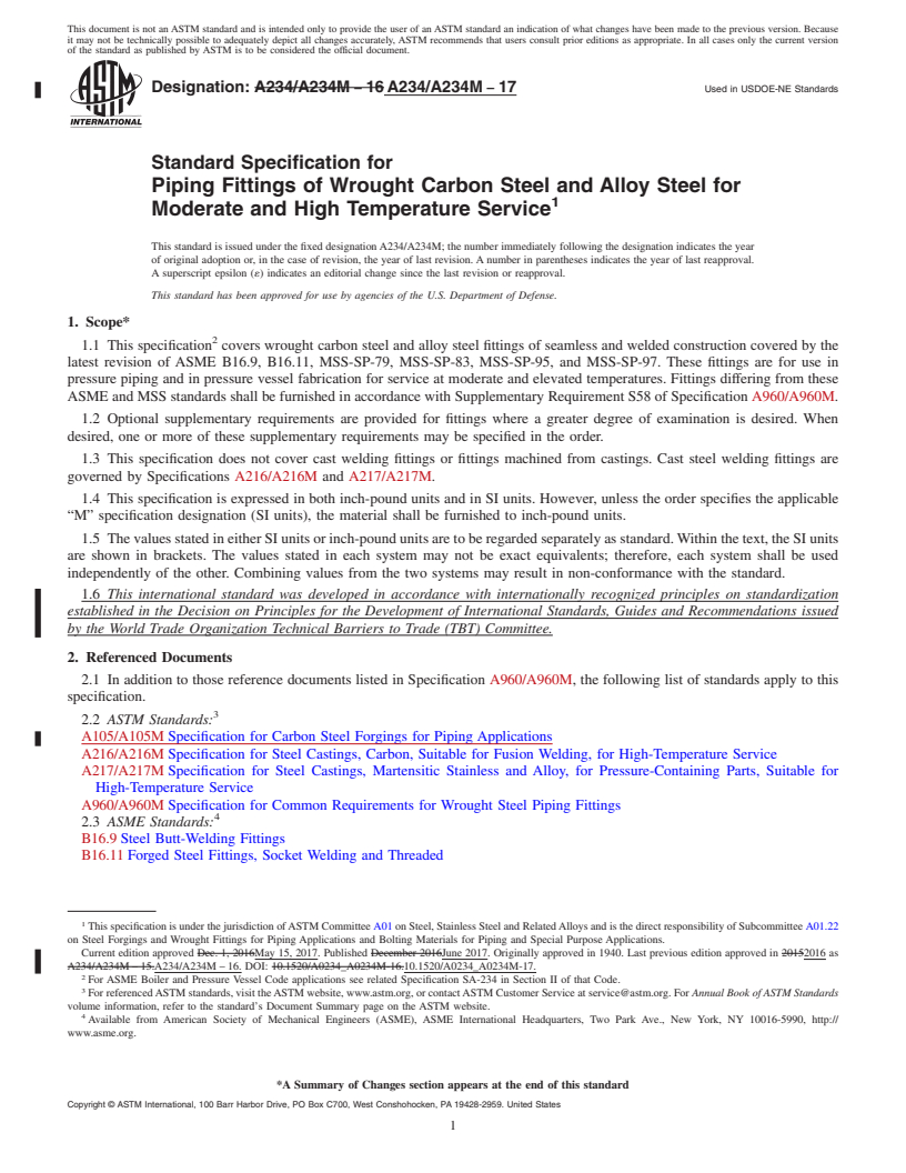 REDLINE ASTM A234/A234M-17 - Standard Specification for  Piping Fittings of Wrought Carbon Steel and Alloy Steel for   Moderate and High Temperature Service