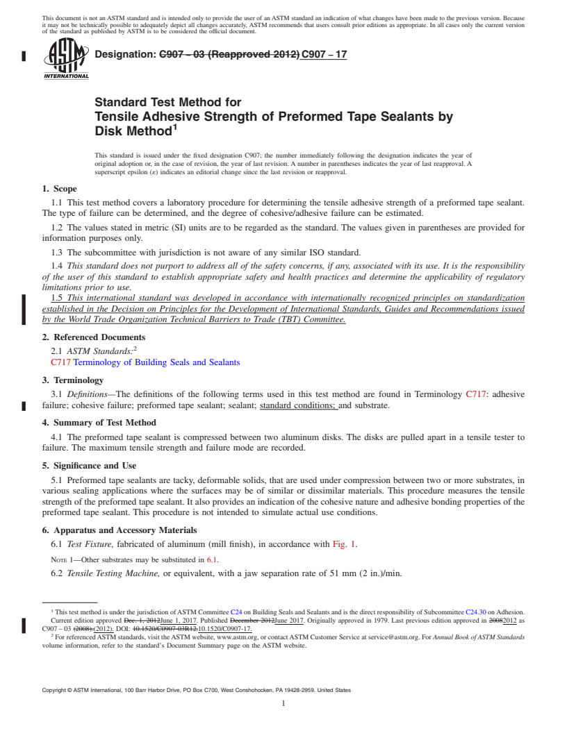 REDLINE ASTM C907-17 - Standard Test Method for  Tensile Adhesive Strength of Preformed Tape Sealants by Disk  Method