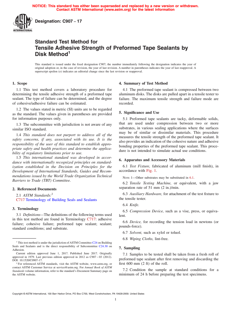 ASTM C907-17 - Standard Test Method for  Tensile Adhesive Strength of Preformed Tape Sealants by Disk  Method