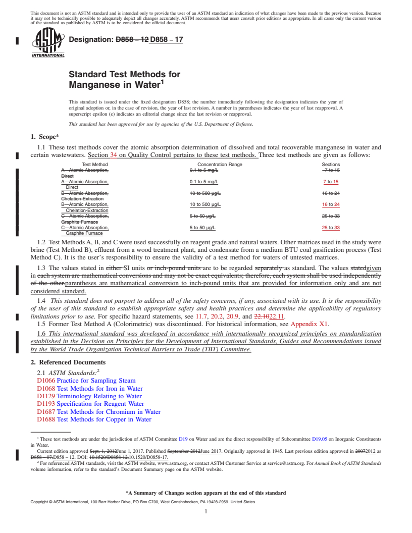 REDLINE ASTM D858-17 - Standard Test Methods for  Manganese in Water