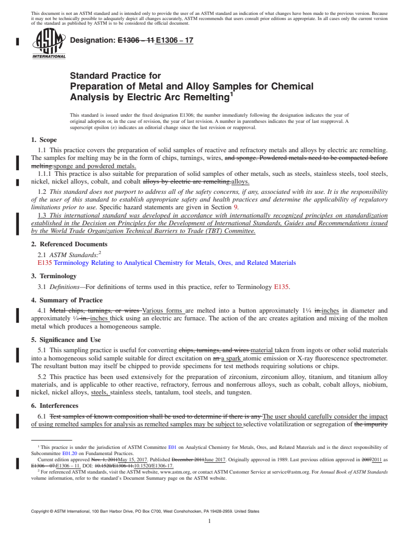 REDLINE ASTM E1306-17 - Standard Practice for  Preparation of Metal and Alloy Samples for Chemical Analysis  by Electric Arc Remelting