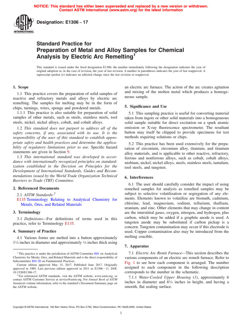 ASTM E1306-17 - Standard Practice for  Preparation of Metal and Alloy Samples for Chemical Analysis  by Electric Arc Remelting