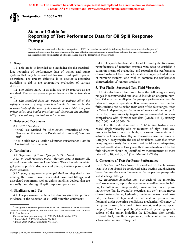 ASTM F1607-95 - Standard Guide for Reporting of Test Performance Data for Oil Spill Response Pumps