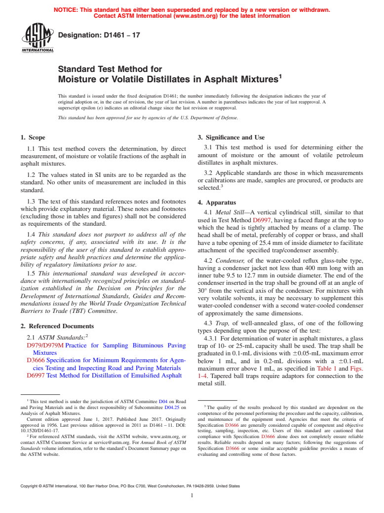 ASTM D1461-17 - Standard Test Method for  Moisture or Volatile Distillates in Asphalt Mixtures