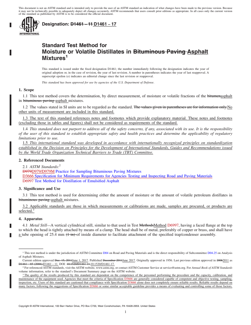 REDLINE ASTM D1461-17 - Standard Test Method for  Moisture or Volatile Distillates in Asphalt Mixtures