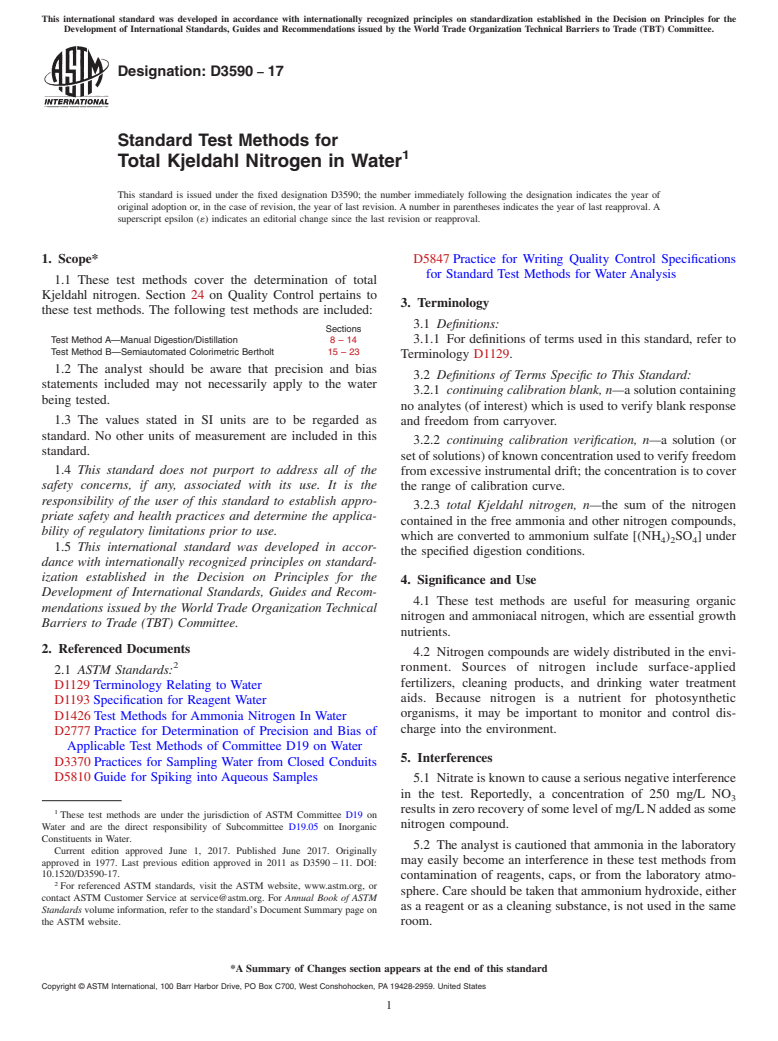 ASTM D3590-17 - Standard Test Methods for  Total Kjeldahl Nitrogen in Water