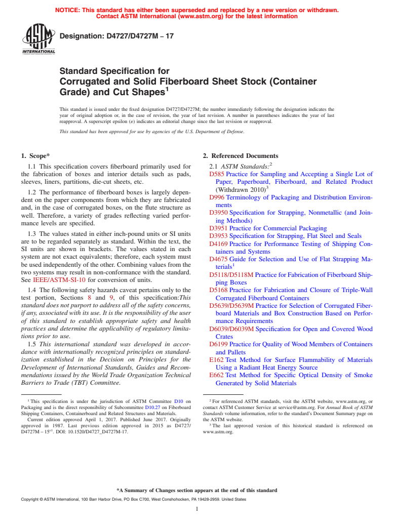 ASTM D4727/D4727M-17 - Standard Specification for Corrugated and Solid Fiberboard Sheet Stock (Container Grade)   and Cut Shapes