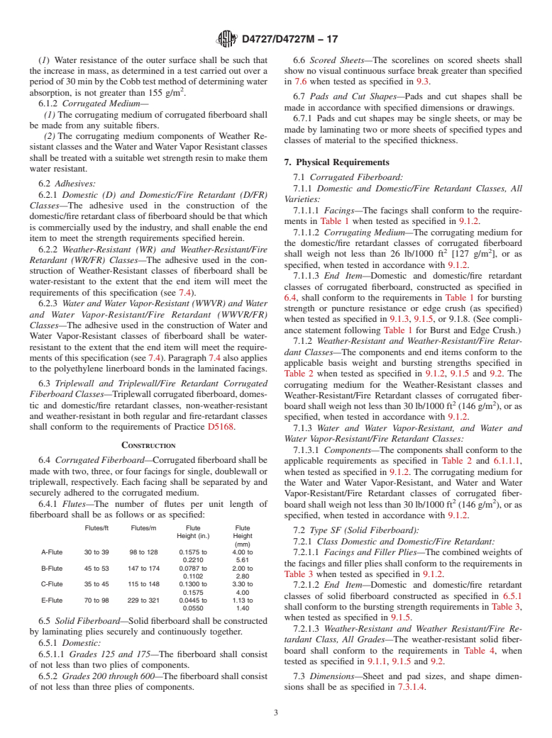 ASTM D4727/D4727M-17 - Standard Specification for Corrugated and Solid Fiberboard Sheet Stock (Container Grade)   and Cut Shapes