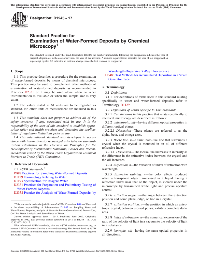 ASTM D1245-17 - Standard Practice for  Examination of Water-Formed Deposits by Chemical Microscopy