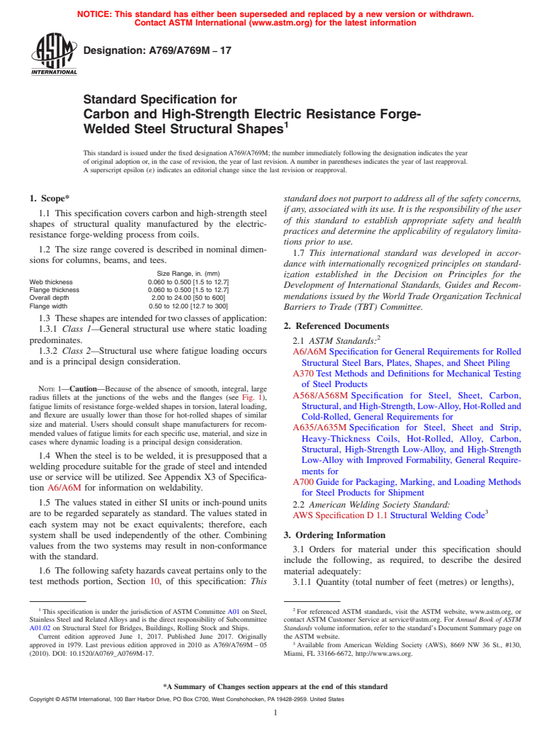 ASTM A769/A769M-17 - Standard Specification for  Carbon and High-Strength Electric Resistance Forge-Welded Steel   Structural Shapes