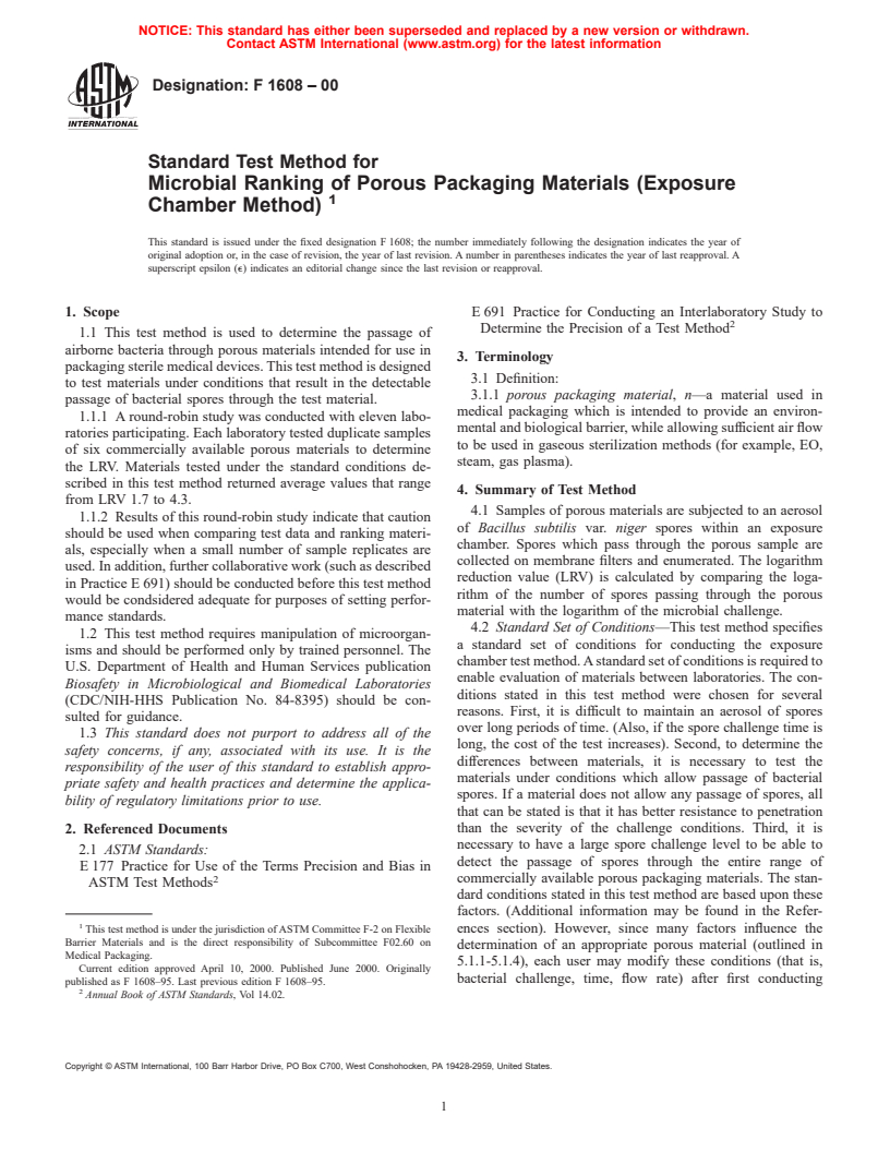 ASTM F1608-00 - Standard Test Method for Microbial Ranking of Porous Packaging Materials (Exposure Chamber Method)